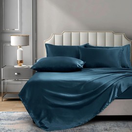P Pothuiny 6 Pieces Queen Satin Sheets Luxury Silky Navy Blue Satin Bedding Sheet Set, 1 Deep Pocket Fitted Sheet + 1 Flat Sheet + 4 Pillow Cases