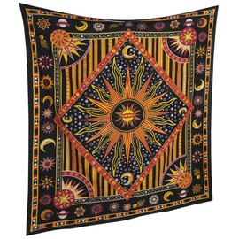 RAJRANG BRINGING RAJASTHAN TO YOU Rote Sonne Wandteppich 228 x 213 cm Baumwolle Wandbehang Tagesdecke Hippie Pfau Wandteppiche