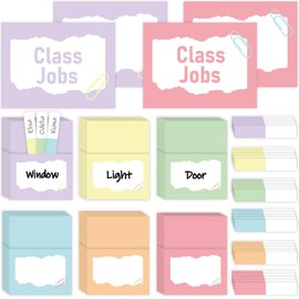 QOUBAI 112 Pcs Pastel Class Jobs Bulletin Board Set Colorful Classroom Jobs Pocket Chart Boho Class Management Educational Pocket Chart Teacher's Helper Posters Classroom Decorations School Supplies