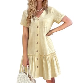 HOTOUCH Women Cotton Dress Summer Casual Loose Fit Dresses Oversized Button Front Dress Short Sleeve Ruffle Sundress, Beige XXL