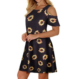 Sun Dresses for Women,Misyula Summer Cold Shoulder Hawaiian Dress Sunflower Print Relaxed Fit Flowy Casual Ladies Knee Length Boho Beach Party Casual Wear, A-Black Yellow,L