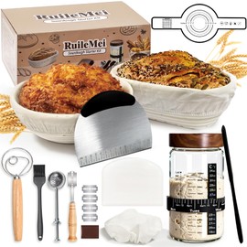 Sourdough Starter Kit,40oz Sourdough Starter Jar with Wooden Lid,2 Banneton Bread Proofing Baskets (9”Round & 10”Oval),Bread Making Supplies Tools,Sourdough Bread Baking Supplies,for Baking Beginners