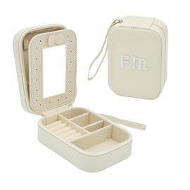Cuifdem-Travel Jewelry Case with Hand Strap and Monogram, Small Jewelry Case PU Leather with Mirror, Travel Jewelry Box for Women Girls, Jewelry Organizer for Travel Present(elegant ivory, FM)