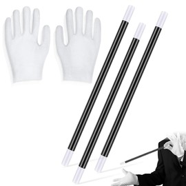 SIRLOMU 3 Pieces Long Magic Wand Plastic Wand Trick with White Party Gloves for Wizard Witch Magician Costume Fancy Dress Accessories Birthday Game Accessories (9.6 Inches) (Black and White)
