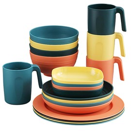 BSTMOME 20PCS Plastic Dinnerware Sets, Unbreakable and Reusable Light Weight Plates Mugs Bowls Dishes Easy to Clean, Great for Home, Garden, Picnic, Camping, Outdoor (4 Colors)