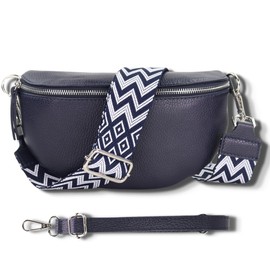 Blade Bum Bag Women's Genuine Leather, Stylish Belt Bag Women with 2 Patterned and Leather Removable & Adjustable Wide Belts, Crossbody Bag Women, High-Quality Chest Bag for Women, Navy-2, bum bag
