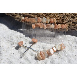 Peach Moonstone Hair Clip Set - Includes 2 Hair Combs, 1 60 mm French Barrette, 2 Hair Pins