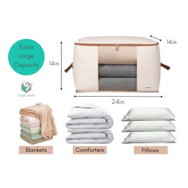 Chaos Cleared Canvas Storage Bags Designer Organizer for Comforters 2 Pack – Seasonal Storage for Pillows, Blankets, Linens & Garments – Foldable Design with Zip & Window, Moth-Proof Space Saver