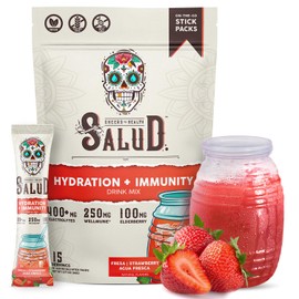 Salud 2-in-1 Hydration Packets + Immunity Electrolytes Powder, Strawberry - Fresca Agua Fresca Drink Mix, Elderberry, Dairy & Soy Free, Non-GMO, Gluten Free, Vegan, Low Calorie, 1g Sugar (15 Servings)