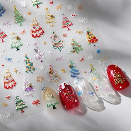 Christmas Tree Nail Art Stickers 5D Embossed Self Adhesive Colorful Nail Decals with Gold Silver Rhinestones Nail Design Tiny Star Bow Snowflake Firework Nail Supplies for Women Holiday Manicure DIY