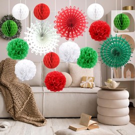 Retro Christmas Decorations Set, 15PCS Paper Christmas Decorations Snowflake Paper Fans Honeycomb Balls Tissue Paper Pom Poms Christmas Hanging Decorations for Christmas Winter Home Decorations
