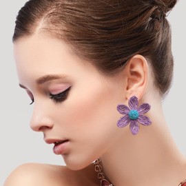 GBAHFY Rattan Earrings for Women Statement Boho Raffia Straw Wrapped Flower Drop Dangle Earrings Studs Beach Jewelry (Violet)