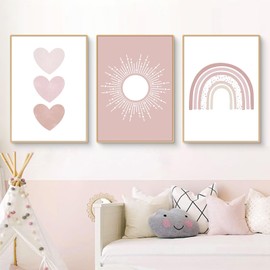 Ueiwffzo Set of 3 Poster Pictures for Children's Room, Girls, Pink Rainbow Pictures, Baby Room Decorative Canvas Pictures, Wall Pictures, Baby Room Decoration, Without Frame (40 x 50 cm)