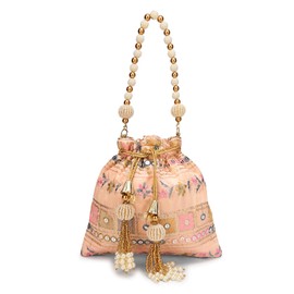 LONGING TO BUY Indian Embroidered Pearl Potli Bag For Women, Sequence Design with Tassel, Wedding Potli Bags, Peach- Sequence