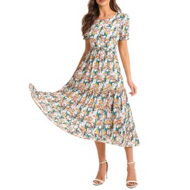 Shineflow Women's Summer Casual Crewneck Floral Print Puff Short Sleeve High Waist Midi Flowy Tiered Dresses (Multicolored,S)