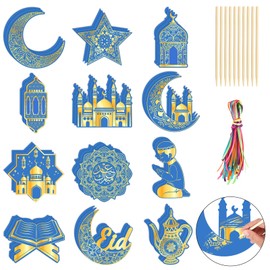 DPKOW 36pcs Eid Scratch Art for Kids Adults, Blue Gold Eid Scratch Art Paper Moon Lantern Mosque Eid Decorations, Eid Gifts for Kids, Islamic Gifts Ramadan Scratch Art, Eid Presents for Kids