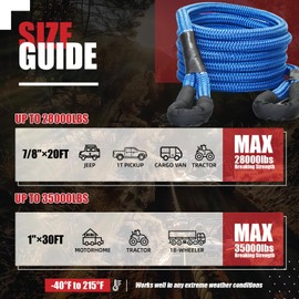 Tether Tite 1" x30' Kinetic Recovery Tow Rope (38,000lbs), with 2 UHMWPE Soft Shackles (40,000lbs), Heavy-Duty Offroad Snatch Strap, Vehicle Recovery kit for Jeep car Truck ATV UTV SUV,Royal Blue
