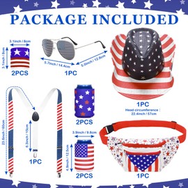 Harsever 4th of July Patriotic Fanny Packs,USA Beverage Beer Belt Set with Cowboy Hat Suspenders Drink Holder Flag Headband Wristband Sunglasses for Independence Day (Waist Pack Set 1)