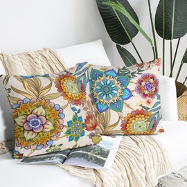Waiyear Boho Floral Throw Pillow Covers Aesthetic 18"x18" Set of 2 Colorful Flowers Decorative Pillow Cases for Couch Bed Sofa Living Room Decor Outdoor Cushion Covers