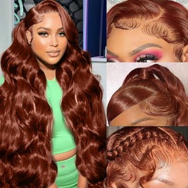 Nognut Reddish Brown Body Wave Lace Front Wigs 180% Density Light Chocolate Brown Lace Front Wigs Human Hair Pre Plucked Glueless Brown Human Hair Wigs for Women 13x4 Body Wave Reddish Brown 34 Inch