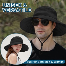 LJCZKA Wide Brim Sun Hat for Men Women,Unisex Waterproof Packable Bucket Hat with Chin Strap,Breathable Mesh Bucket Hat with Criss Cross Ponytail Hole (UK, Alpha, One Size, Black)