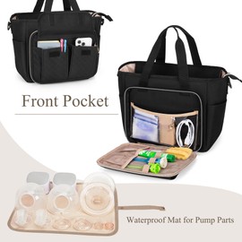 LUXJA Large Wearable Breast Pump Bag with a Waterproof Mat for Wearable Breastfeeding Pump, Carrying Tote Bag with Multiple Pockets for Hands Free Breast Pump and Extra Parts, Black