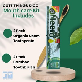 Eco-Friendly Mouthcare Bundle: 2pk Essential Palace Neem Toothpaste Makes 13 OZ, Combo & 2pk Cute things & CC Bamboo Brushes