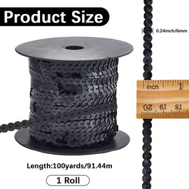CABODYALS 100 Yards 6MM Black Sequin Trim Flat Sequins Beaded Ribbon Trim Spangle Metallic Glitter Paillette Strip String Bulk for Sewing Making Crafts Clothes Dress Fringe DIY Supply