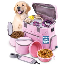 The Original Doggy Bag™ - Complete Dog Travel Bag for Supplies with 2 BPA-Free Travel Bowls & 2 Pet Food Containers - A Dog Mom Gift for Day Trips, Camping, Road Trips & Weekends Away - Lt. Pink