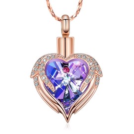 Imrsanl Angle Wings Heart Urn Necklace for Men Women Cremation Jewelry with Crystal Memorial Keepsake Jewelry Gifts Urn Pendant Ashes Holder (Rose Gold-Purple)
