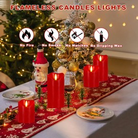 VEEKI Flameless Candles Lights, Set of 3 Red Flickering LED Candles with Remote & Timer, Dimmable LED Pillar Candles Battery Operated, Electric Candles for Home Thanksgiving Christmas Decor (Red)