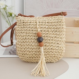 Faletony Damen Kleine Strohtasche Stroh Crossbody Tasche mit Quaste Anhänger Sommer Strandtasche Handarbeit Stroh Umhängetasche Böhmische Schultertaschen für Frauen Reisen Urlaub Freizeit