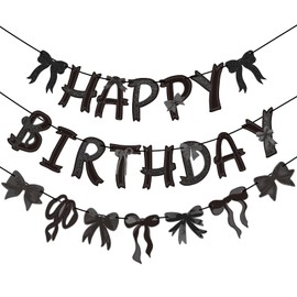 Homarkable Pre-strung Black Bow Birthday Decorations, Black Coquette Party Decorations, Bow Party Supplies Include Happy Birthday Banner, Bow Garland Banner for Girls