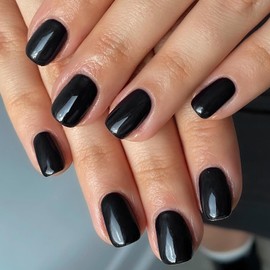 LuckForever Short Press on Nails 240pc Glossy Black Press on Nails Short Square Round Fake Nails Full Cover 10 Sheets Nail Adhesive Tabs,Small Wooden Sticks and Nail Files False Nails for Women