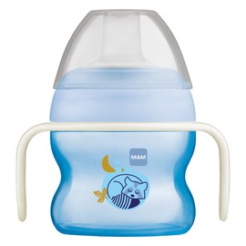 MAM Starter Cup and MAM Glow in the Dark Handles, Baby Cup for 4+ months, Baby Feeding, Glow in the Dark Toddler Cup, 1x 150 ml, Blue (Designs May Vary)