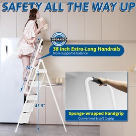 Double Elite Step Ladder 5 Step Folding with Handrails, Safer 5 Step Ladders for Home, Convenient Folding Step Stool with Tool Bag, Sturdy Indoor/Outdoor Ladder for Adults Anti-Slip Pedals, White