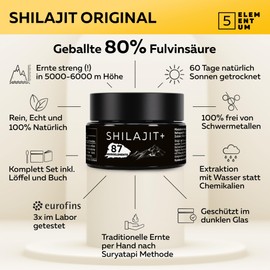 5 elementum Shilajit Original Himalaya – 80% Fulvinsäure – 25g Premium Mumijo Hochdosiert, Handgeerntet von verschneiten Hängen des Himalaya auf 6.000m Höhe – Inkl. 500mg Dosierlöffel