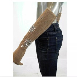 Iman Women Camel Tan Knit Embellished Long Elbow 1 Pair Of Gloves