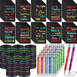 Sabary 150 Pcs Inspirational Notepads Motivational Ballpoint Pens Motivational Quote Rubber Wristbands Set Motivational Pocket Journals Bulk Gifts Inspirational Metal Pens for School Office Supplies