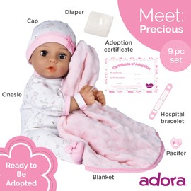 Adora 16 Inch Girl Baby Doll with Accessories Matching 9-Piece Set Including a Pacifier, Hospital, Bracelet, Diaper, and More Gift for Toddlers Ages 3+ Adoption Babies Collection - Precious
