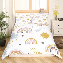 Erosebridal Girls Rainbow Duvet Cover Sun and Stars Comforter Cover Full Size for Kids Boys Children Cartoon Style Cloud Bedding Set Girly Soft Microfiber Quilt Cover with Corner Ties Decor