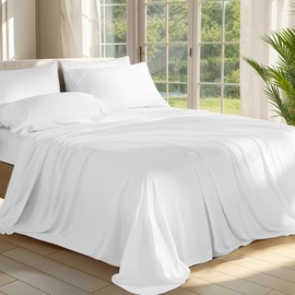 Shilucheng 100% Viscose Derived from Bamboo_ Sheets Queen Size 6pcs - Ultra Cooling & Silky Soft Bed Sheets, 16" Deep Pocket, Perfect for Hot Sleepers, Hotel Bedding Sheets (White)