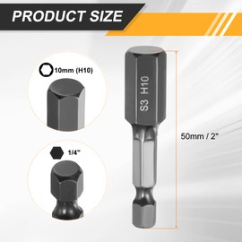 HARFINGTON 2pcs Flat Hex Head Drill Bit H10 (10mm) Magnetic Tip 1/4" Hex Shank 50mm (2") Long Mirror Polished Metric Hexagonal Screw Driver Screwdriver Bits Wrench Electric Power Tools
