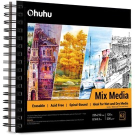 Watercolour Sketchbook, Ohuhu 8.9"×8.3" Mix Media Paper Pad, Mixed Media Sketchbook for Wet or Dry Media, 120 LB/200 GSM Heavyweight Papers 62 Sheets/124 Pages, Spiral Bound Mix Media Pad for Acrylic, Watercolor, Pen and Pencil Painting