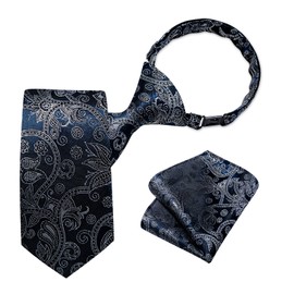 DiBanGu Boys Adjustable Tie and Pocket Square Pre-tied Zipper Necktie for Kids Wedding Party Graduation School Uniforms, Silver and Navy Blue