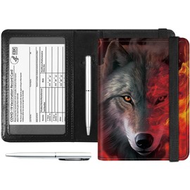 Fire Wolf PU Leather RFID Blocking Passport & Vaccine Card Holder Combo, Women's Travel Passport Wallet Case with Elastic Band & Pen