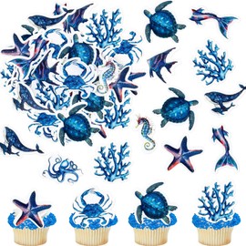45PCS Edible Ocean Sea Animal Cupcake Topper Glutinous Rice Paper Starfish Octopus Crab Jellyfish Dolphin Starfish Seahorse Baby Shower Birthday Under the Sea Theme Party Decorations blue