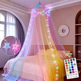 Obrecis Rainbow Bed Canopy for Girls, Princess Canopy Bed Curtains with 24 Colors Star Lights,Twin Bed Canopy Fits Single, Twin, Full, Queen Size Kids Bed