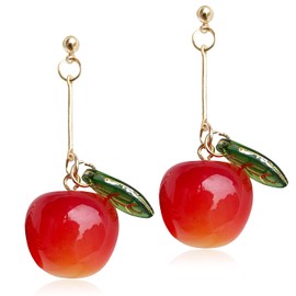 ANDPAI 18K Gold Plated Fruit Earring 3D Green Leaf Red Cherry Charm Tassel Dangle Drop Stud Earrings for Women (Long Red)