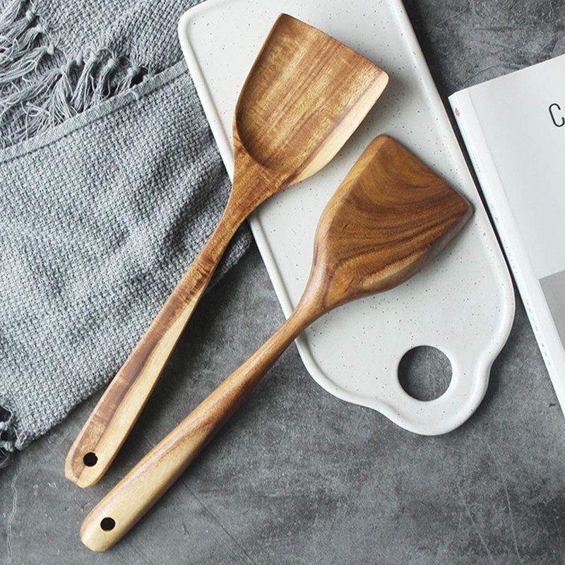 FJNATINH Large Wooden Wok Spatula, 13 Inch Natural Teak Long